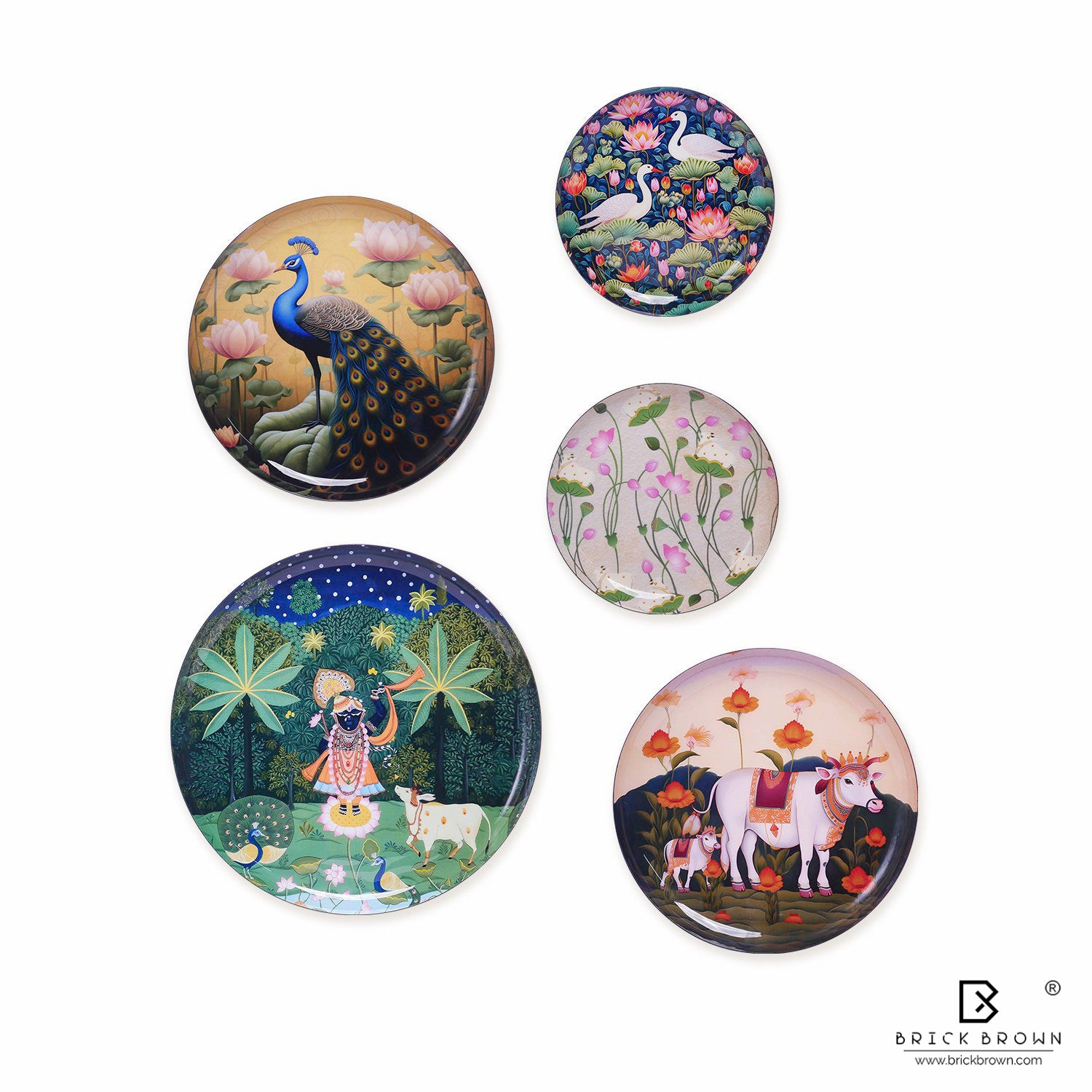 Pichwai Treasures Wall Plates Set (12 Inch, 10 Inch, 8 Inch, Set of 5)