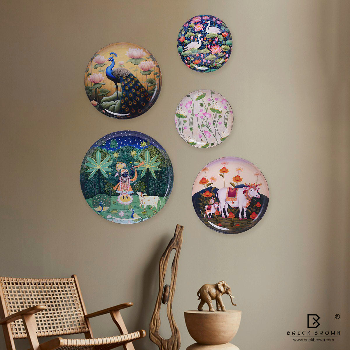 Pichwai Treasures Wall Plates Set (12 Inch, 10 Inch, 8 Inch, Set of 5)