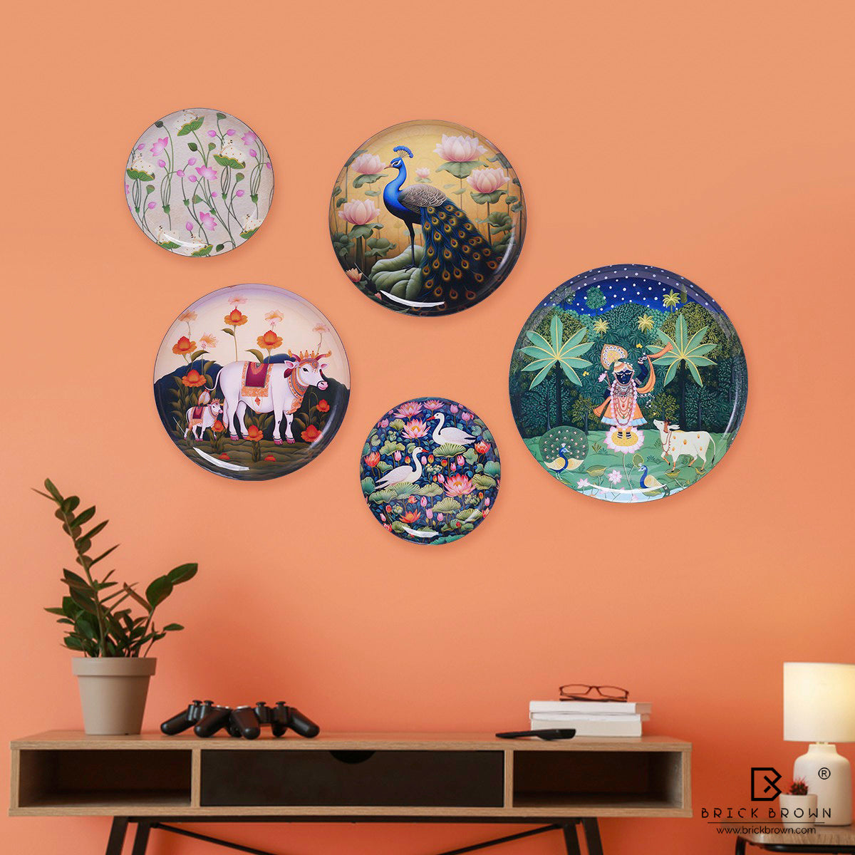 Pichwai Treasures Wall Plates Set (12 Inch, 10 Inch, 8 Inch, Set of 5)