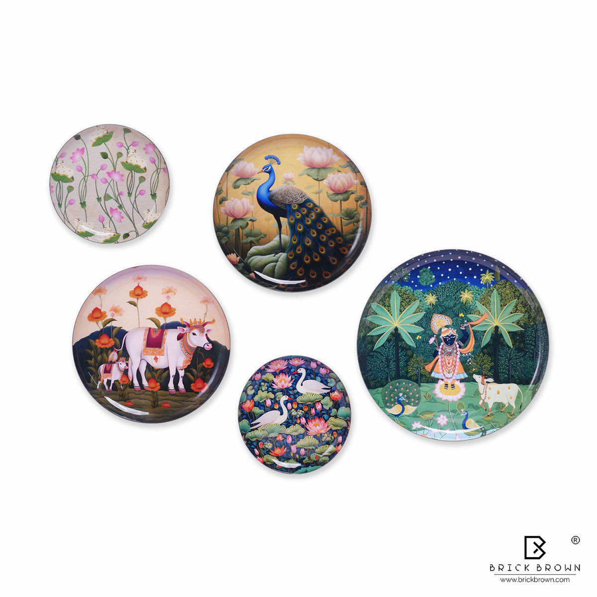 Pichwai Treasures Wall Plates Set (12 Inch, 10 Inch, 8 Inch, Set of 5)