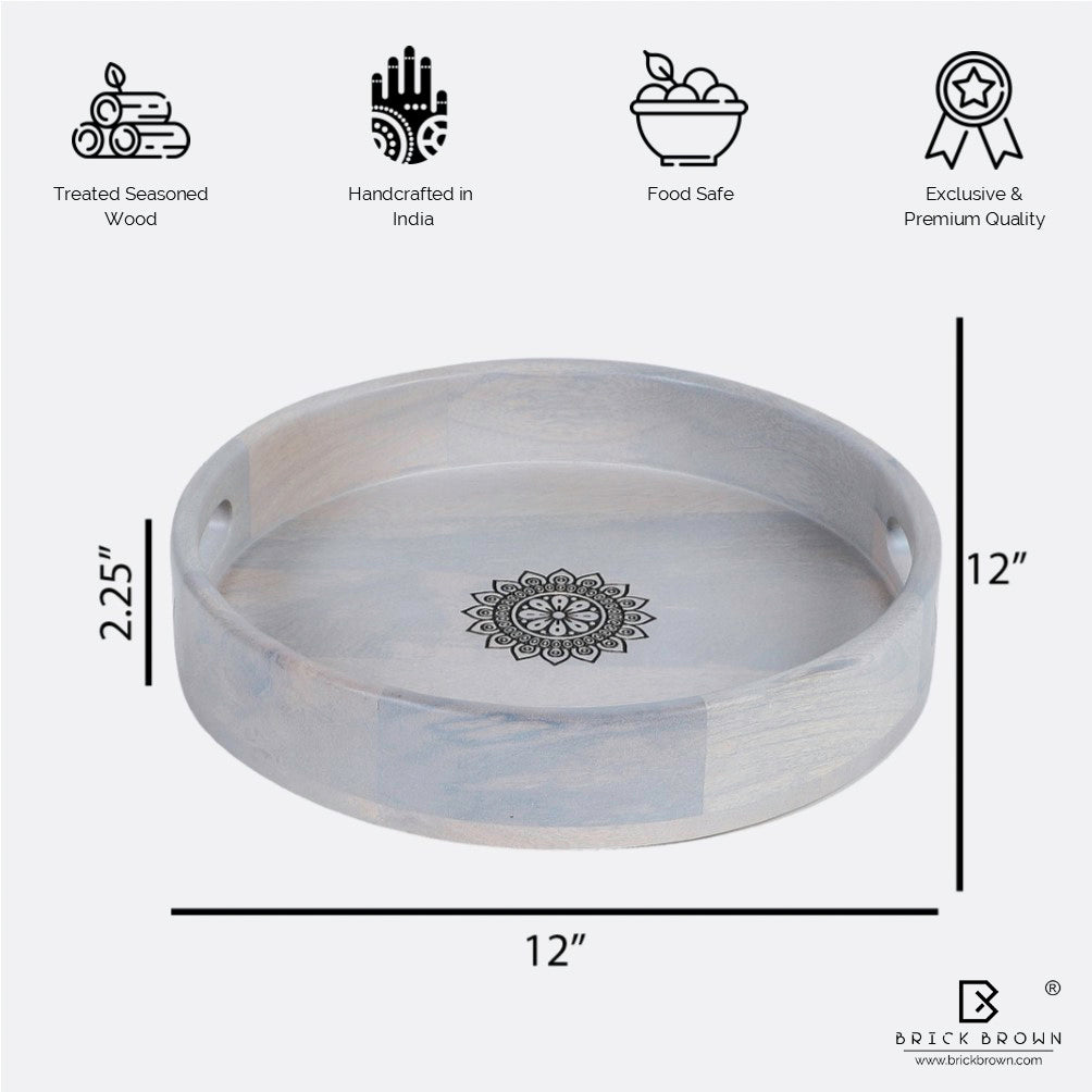 Mandala Round Serving Tray in Whitewash