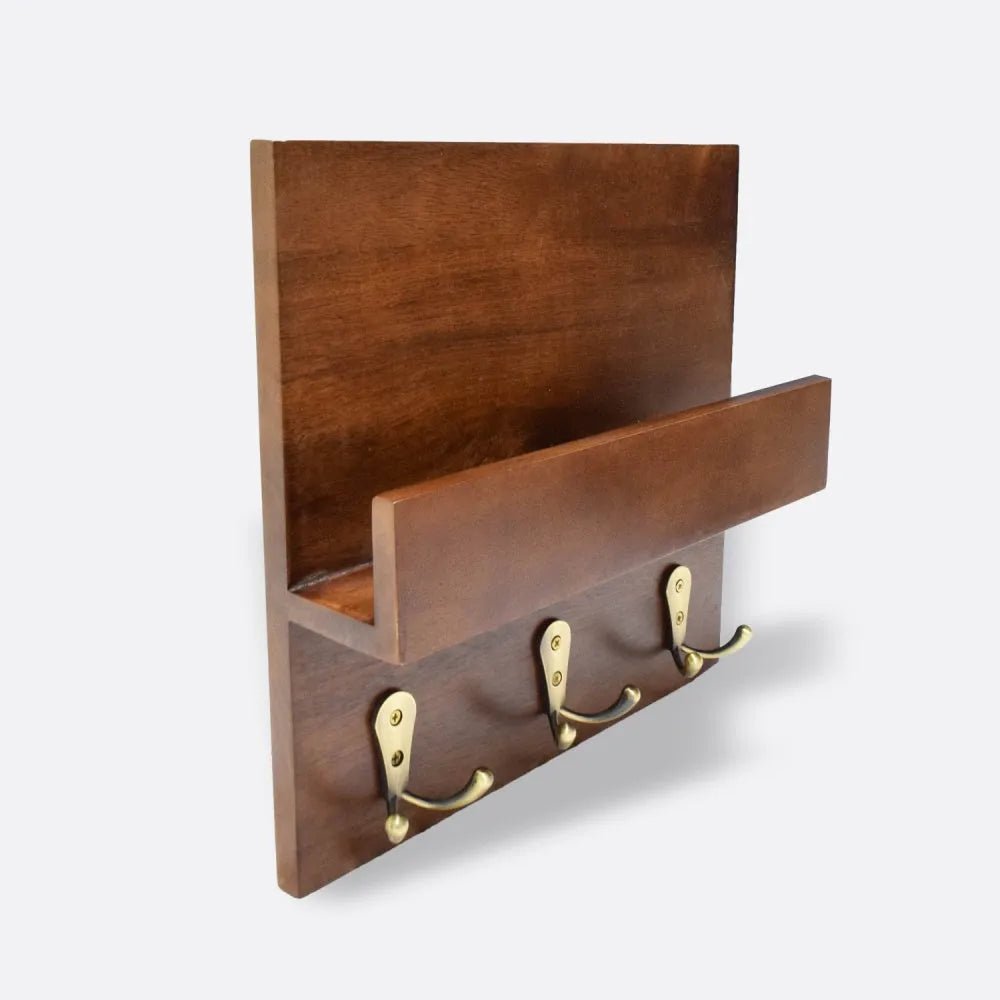 Key Holder/Wall Shelf in Walnut with Antique Brass Finish Hooks