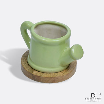 Kettle Planter with Wooden Base in Green