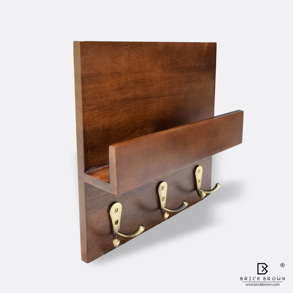 Key Holder/Wall Shelf in Walnut with Antique Brass Finish Hooks