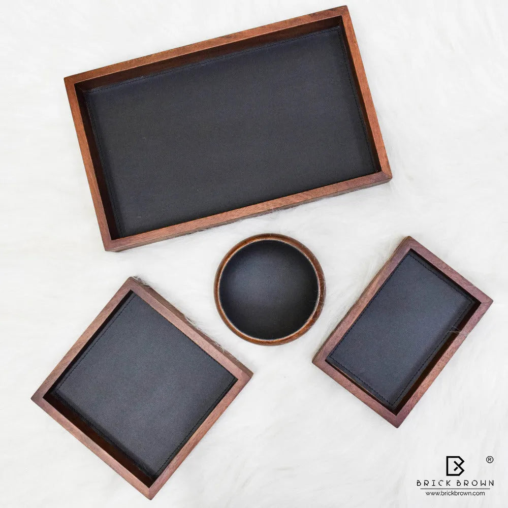 Set of Four Trays/Organizers in Mahogany and Vegan Leather